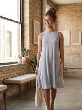 Gray Sleeveless Swing Dress with Pockets Crew Neck Women's Size M